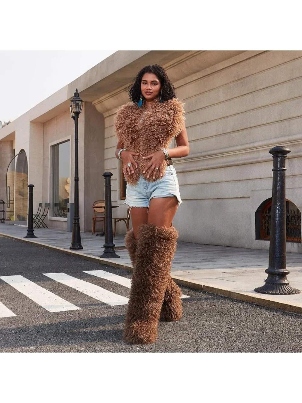 Women's Brown Shaggy Faux Furry Fuzzy Fluffy Flat Knee-High Slouchy Snow Boot